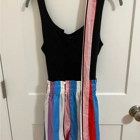 SHEIN Notched Neck Block Stripe Belted Tank Romper - Picture 3 of 5